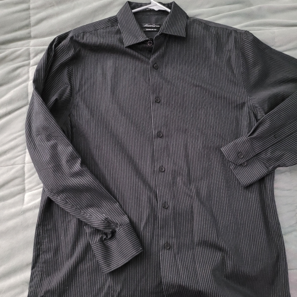 Kenneth Cole button down shirt. black with white pinstripes